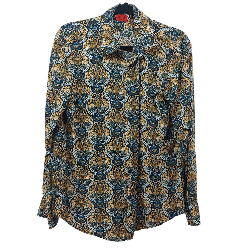 Devil's Advocate  Paisley Blue Tan Long Sleeve Button Down Blouse M